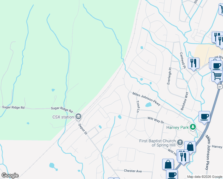 map of restaurants, bars, coffee shops, grocery stores, and more near 1013 Gadwall Lane in Spring Hill