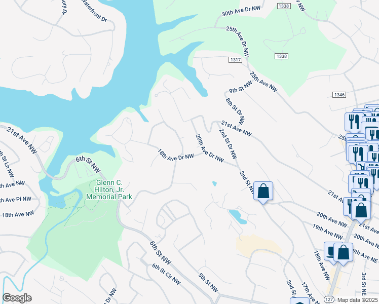 map of restaurants, bars, coffee shops, grocery stores, and more near 780 18th Street Northwest in Hickory