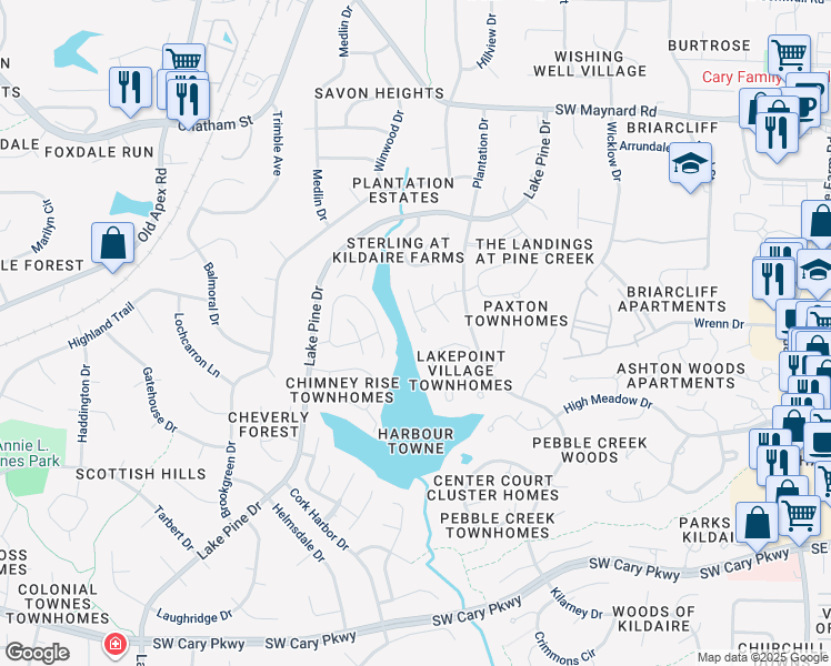 map of restaurants, bars, coffee shops, grocery stores, and more near 206 Fox View Place in Cary