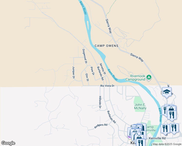 map of restaurants, bars, coffee shops, grocery stores, and more near 119 Pine Drive in Kernville