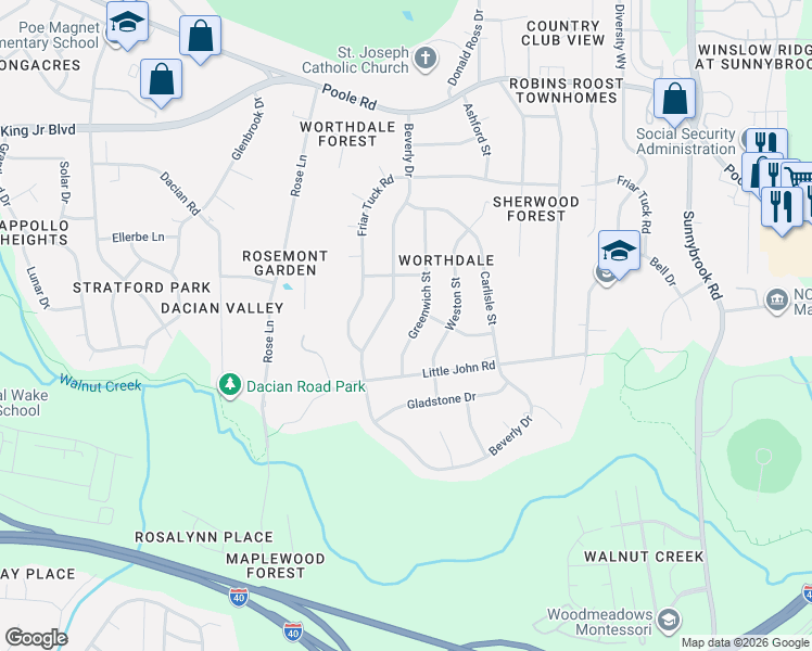 map of restaurants, bars, coffee shops, grocery stores, and more near 1007 Greenwich Street in Raleigh