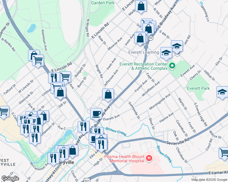 map of restaurants, bars, coffee shops, grocery stores, and more near 1204 East Harper Avenue in Maryville