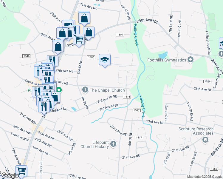 map of restaurants, bars, coffee shops, grocery stores, and more near 474 26th Avenue Northeast in Hickory