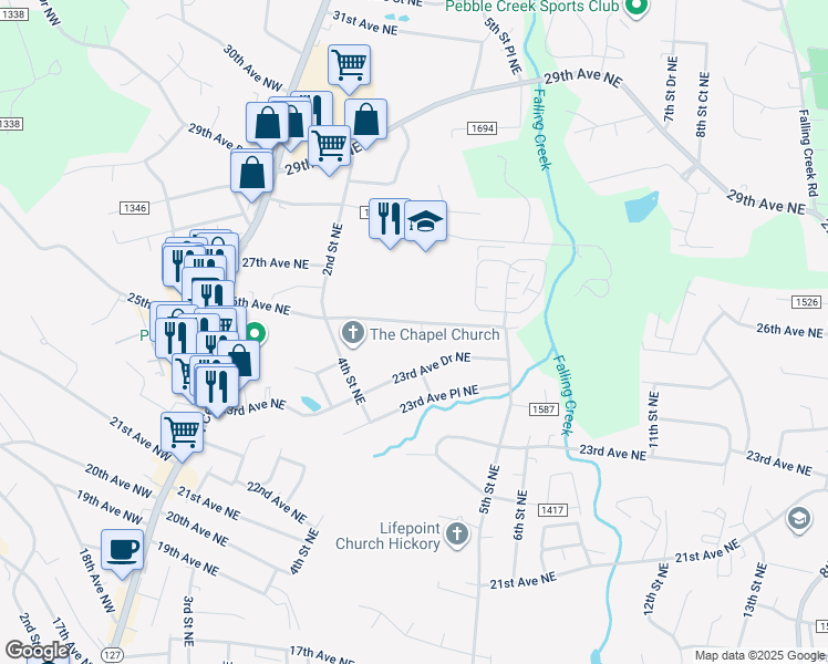 map of restaurants, bars, coffee shops, grocery stores, and more near 454 26th Avenue Northeast in Hickory