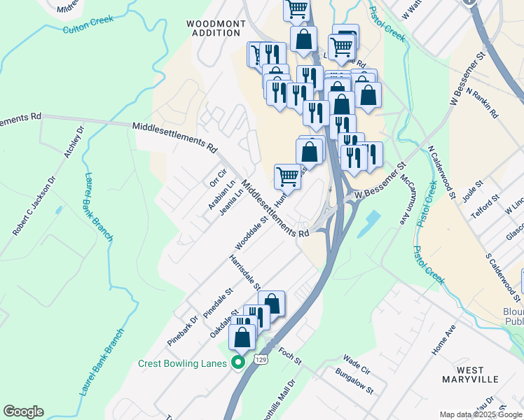 map of restaurants, bars, coffee shops, grocery stores, and more near 1107 Middlesettlements Road in Maryville