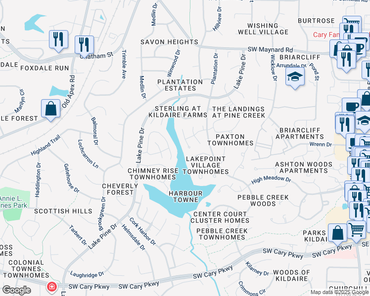 map of restaurants, bars, coffee shops, grocery stores, and more near 206 Fox View Place in Cary