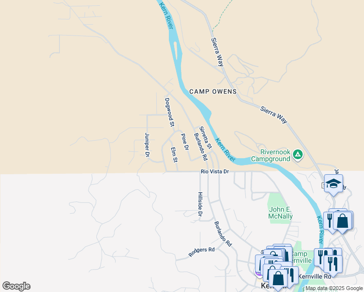 map of restaurants, bars, coffee shops, grocery stores, and more near 119 Pine Drive in Kernville
