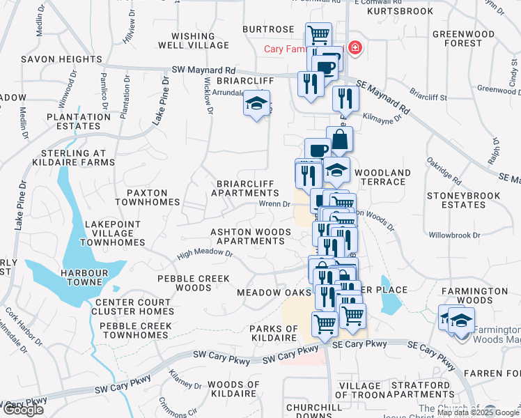 map of restaurants, bars, coffee shops, grocery stores, and more near 101 Ashton Place in Cary