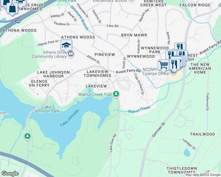 map of restaurants, bars, coffee shops, grocery stores, and more near 1104 Lands End Court in Raleigh