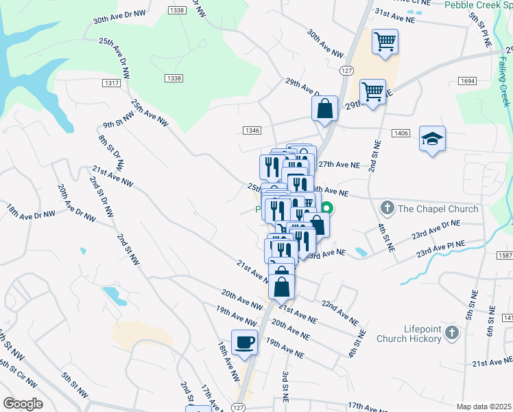map of restaurants, bars, coffee shops, grocery stores, and more near 2433 1st Street Northwest in Hickory