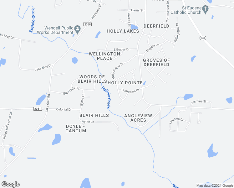 map of restaurants, bars, coffee shops, grocery stores, and more near 1116 Holly Pointe Drive in Wendell