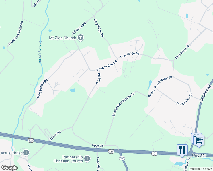 map of restaurants, bars, coffee shops, grocery stores, and more near 526 Odell Road in Maryville