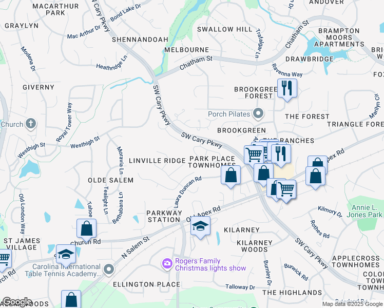 map of restaurants, bars, coffee shops, grocery stores, and more near 230 Vinca Circle in Cary