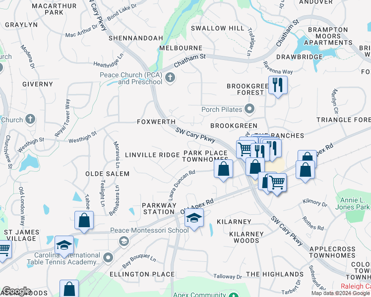 map of restaurants, bars, coffee shops, grocery stores, and more near 230 Vinca Circle in Cary