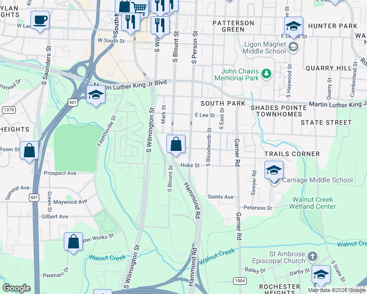 map of restaurants, bars, coffee shops, grocery stores, and more near 1302 South Person Street in Raleigh