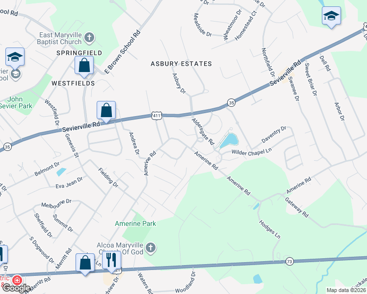 map of restaurants, bars, coffee shops, grocery stores, and more near 729 Kiefer Lane in Maryville