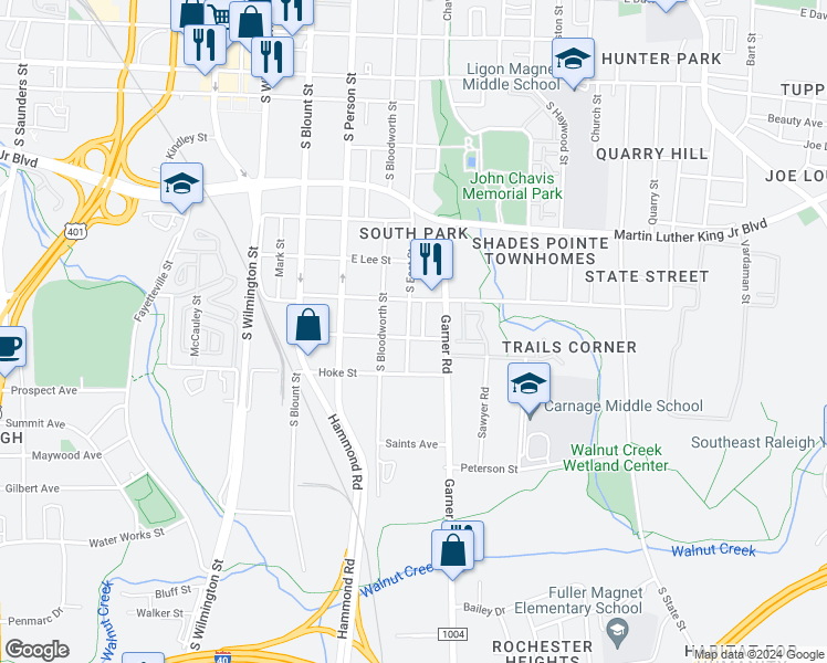 map of restaurants, bars, coffee shops, grocery stores, and more near 1215 South East Street in Raleigh