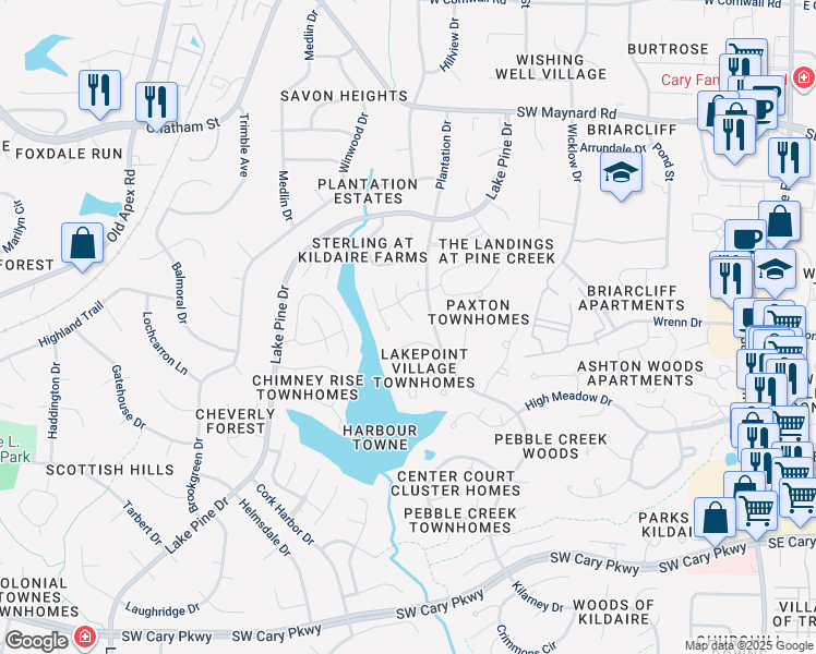 map of restaurants, bars, coffee shops, grocery stores, and more near 108 Silver Fox Court in Cary