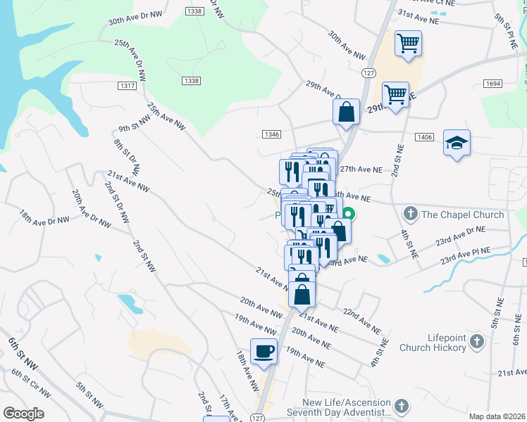 map of restaurants, bars, coffee shops, grocery stores, and more near 2433 1st Street Northwest in Hickory