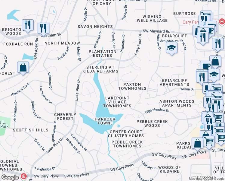 map of restaurants, bars, coffee shops, grocery stores, and more near 108 Silver Fox Court in Cary