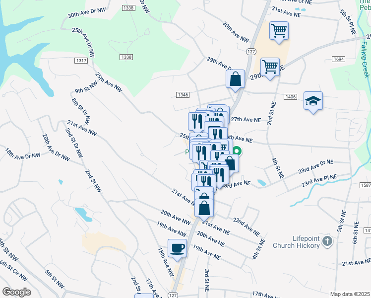 map of restaurants, bars, coffee shops, grocery stores, and more near 2433 1st Street Northwest in Hickory