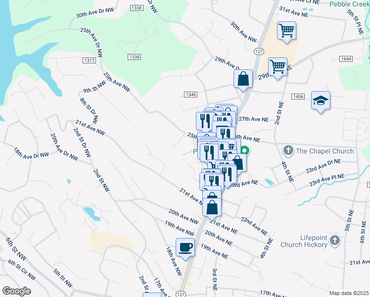 map of restaurants, bars, coffee shops, grocery stores, and more near 2433 1st Street Northwest in Hickory