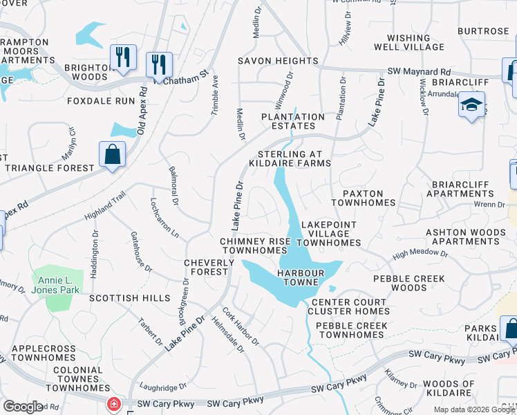 map of restaurants, bars, coffee shops, grocery stores, and more near 316 Riverwalk Circle in Cary