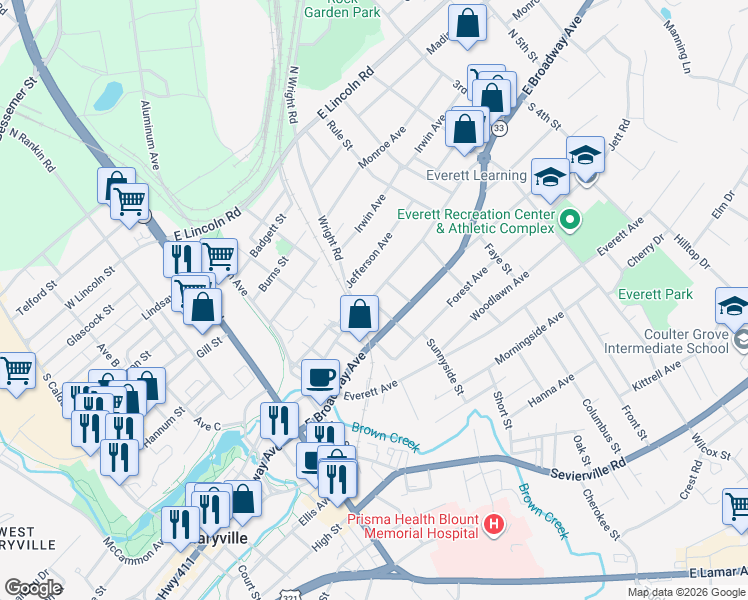 map of restaurants, bars, coffee shops, grocery stores, and more near 1210 East Harper Avenue in Maryville