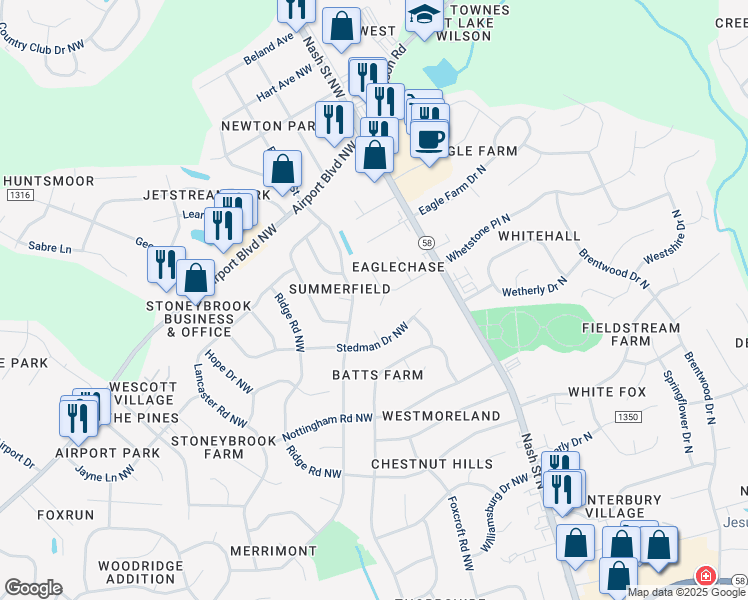 map of restaurants, bars, coffee shops, grocery stores, and more near 3402 Goldfinch Lane in Wilson