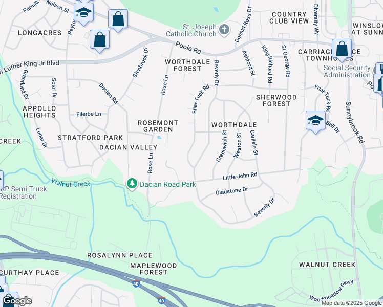 map of restaurants, bars, coffee shops, grocery stores, and more near 925 Friar Tuck Road in Raleigh