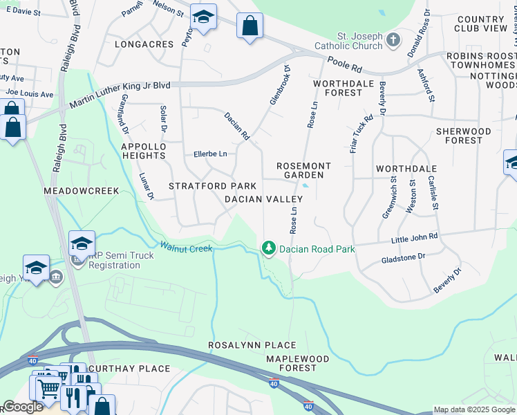 map of restaurants, bars, coffee shops, grocery stores, and more near 520 Dacian Road in Raleigh