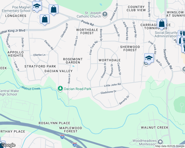 map of restaurants, bars, coffee shops, grocery stores, and more near 929 Beverly Drive in Raleigh