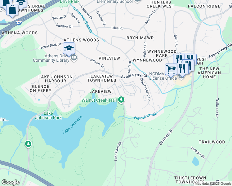 map of restaurants, bars, coffee shops, grocery stores, and more near 1104 Lands End Court in Raleigh
