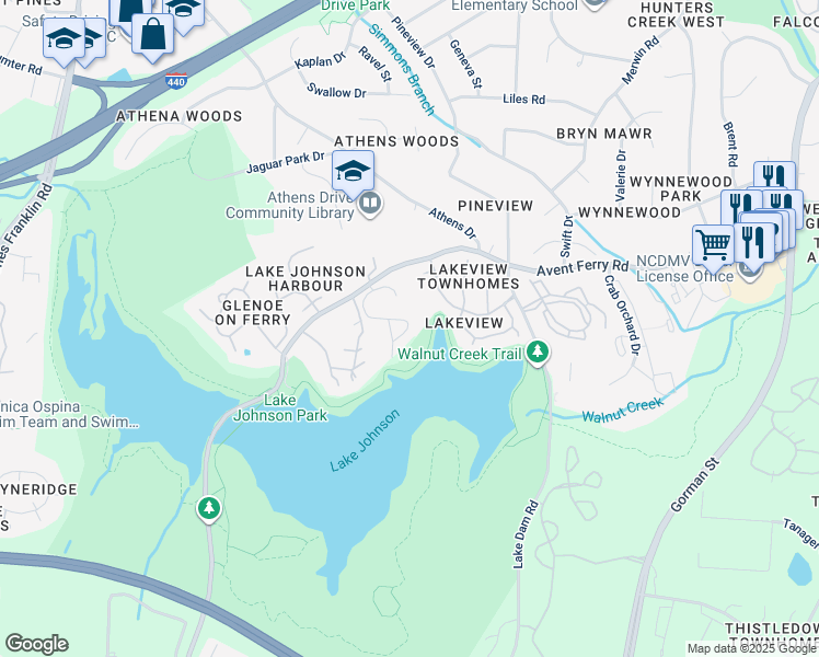 map of restaurants, bars, coffee shops, grocery stores, and more near 4253 The Oaks Drive in Raleigh