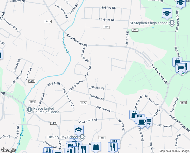 map of restaurants, bars, coffee shops, grocery stores, and more near 2514 27th Avenue Circle Northeast in Hickory