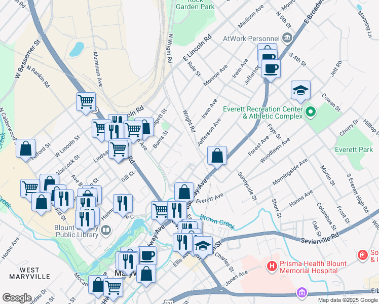 map of restaurants, bars, coffee shops, grocery stores, and more near 1113 East Harper Avenue in Maryville