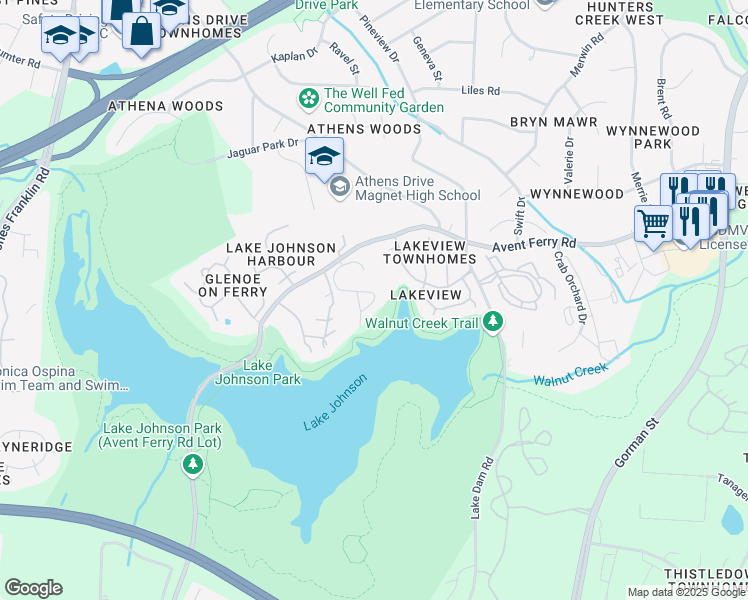 map of restaurants, bars, coffee shops, grocery stores, and more near 4253 The Oaks Drive in Raleigh