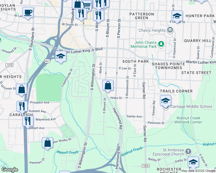 map of restaurants, bars, coffee shops, grocery stores, and more near 1330 South Blount Street in Raleigh
