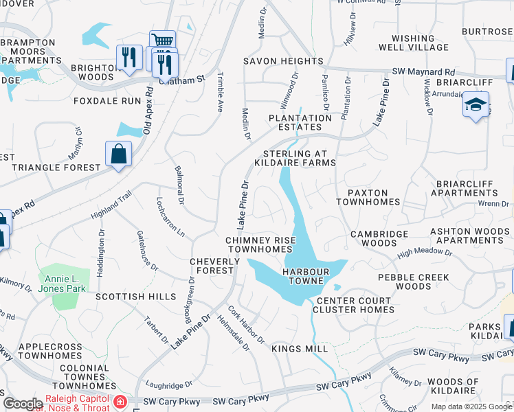 map of restaurants, bars, coffee shops, grocery stores, and more near 102 Riverwalk Circle in Cary