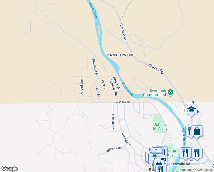 map of restaurants, bars, coffee shops, grocery stores, and more near 613 Burlando Road in Kernville