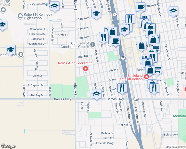 map of restaurants, bars, coffee shops, grocery stores, and more near 775 Belmont Street in Delano