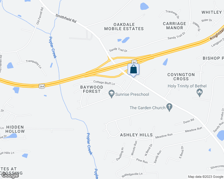 map of restaurants, bars, coffee shops, grocery stores, and more near 509 Highsmith Court in Knightdale