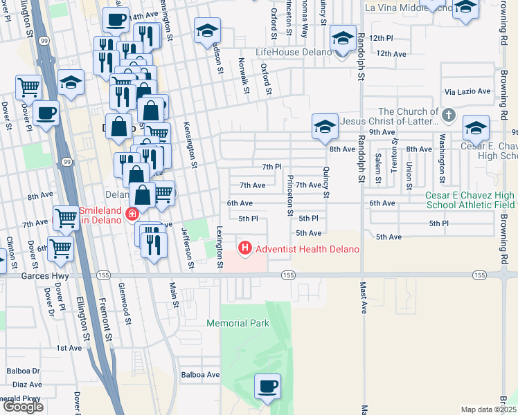 map of restaurants, bars, coffee shops, grocery stores, and more near 1413 5th Place in Delano