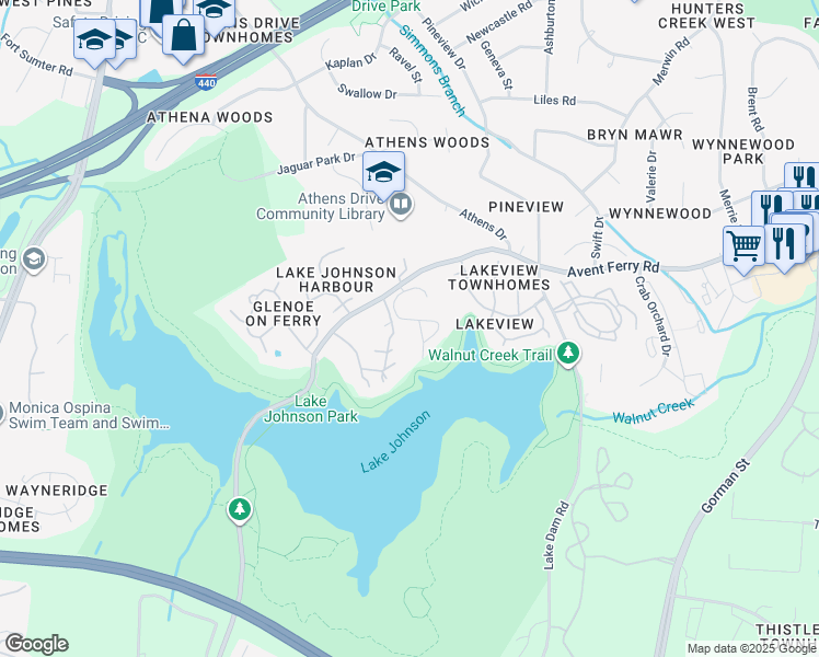 map of restaurants, bars, coffee shops, grocery stores, and more near 4201 Avent Ferry Road in Raleigh