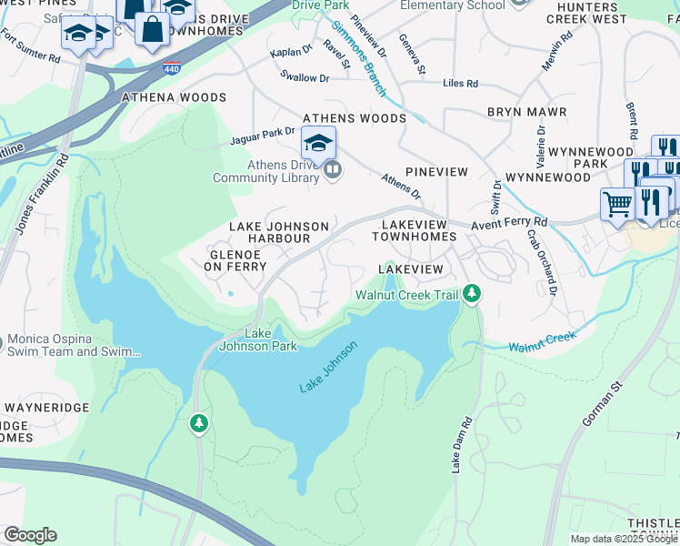 map of restaurants, bars, coffee shops, grocery stores, and more near 4271 The Oaks Drive in Raleigh