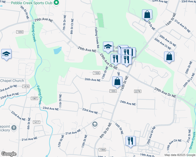 map of restaurants, bars, coffee shops, grocery stores, and more near 1230 26th Avenue Northeast in Hickory