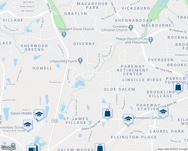 map of restaurants, bars, coffee shops, grocery stores, and more near 232 Royal Tower Way in Cary