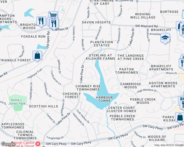 map of restaurants, bars, coffee shops, grocery stores, and more near 108 Linville River Road in Cary
