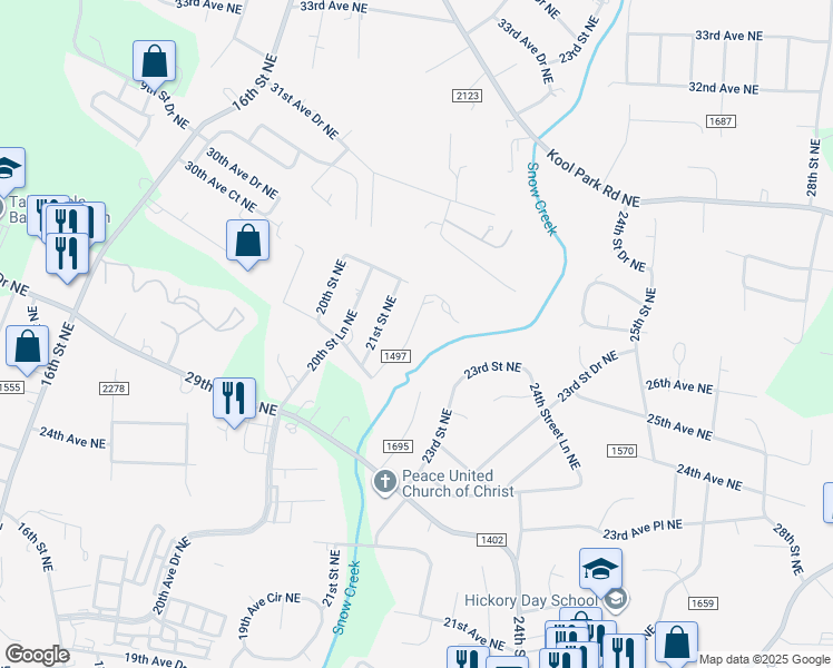 map of restaurants, bars, coffee shops, grocery stores, and more near 2750 21st Street Place Northeast in Hickory