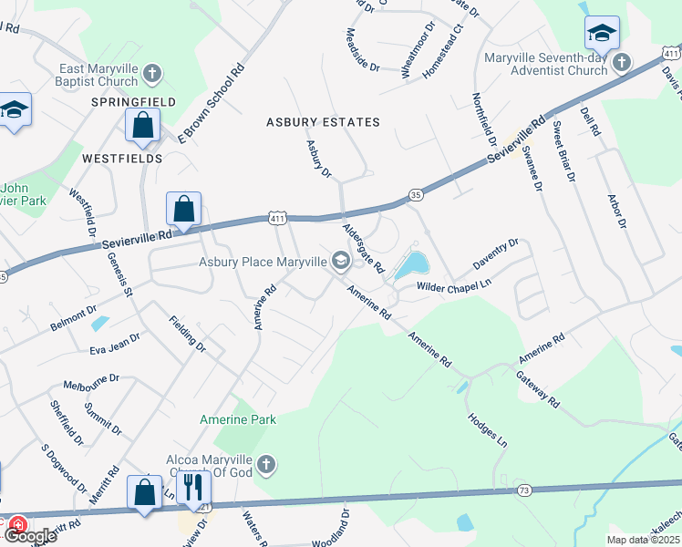 map of restaurants, bars, coffee shops, grocery stores, and more near 911 Epworth Road in Maryville